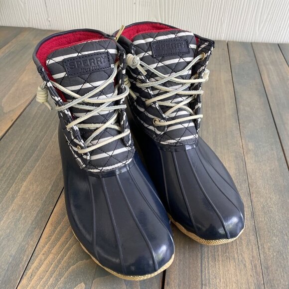 Sperry Saltwater Striped Quilted Duck Boots Navy Blue Side Zip Size 8 (I8) - Picture 4 of 6